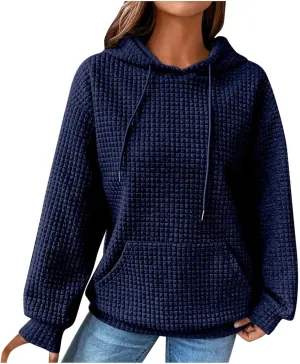 Oversized Hoodies for Women Athleisure Quilted Drawstring Crewneck Sweatshirts Fall Knit Pullover Sweaters with Pocket