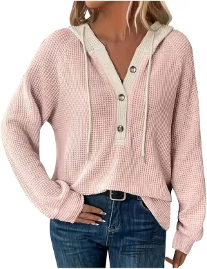 Oversized Hoodies for Women Soft V Neck Waffle Knit Hooded Sweatshirt Lightweight Fall Long Sleeve Pullover Sweaters