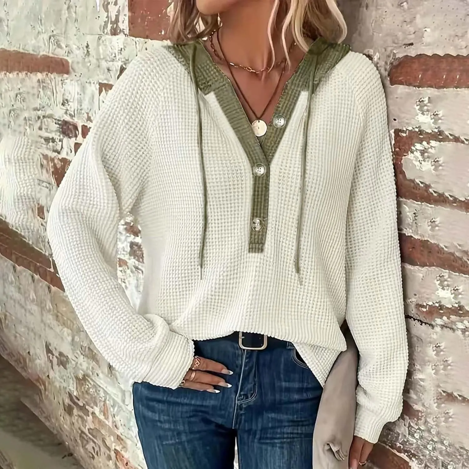 Oversized Hoodies for Women Soft V Neck Waffle Knit Hooded Sweatshirt Lightweight Fall Long Sleeve Pullover Sweaters