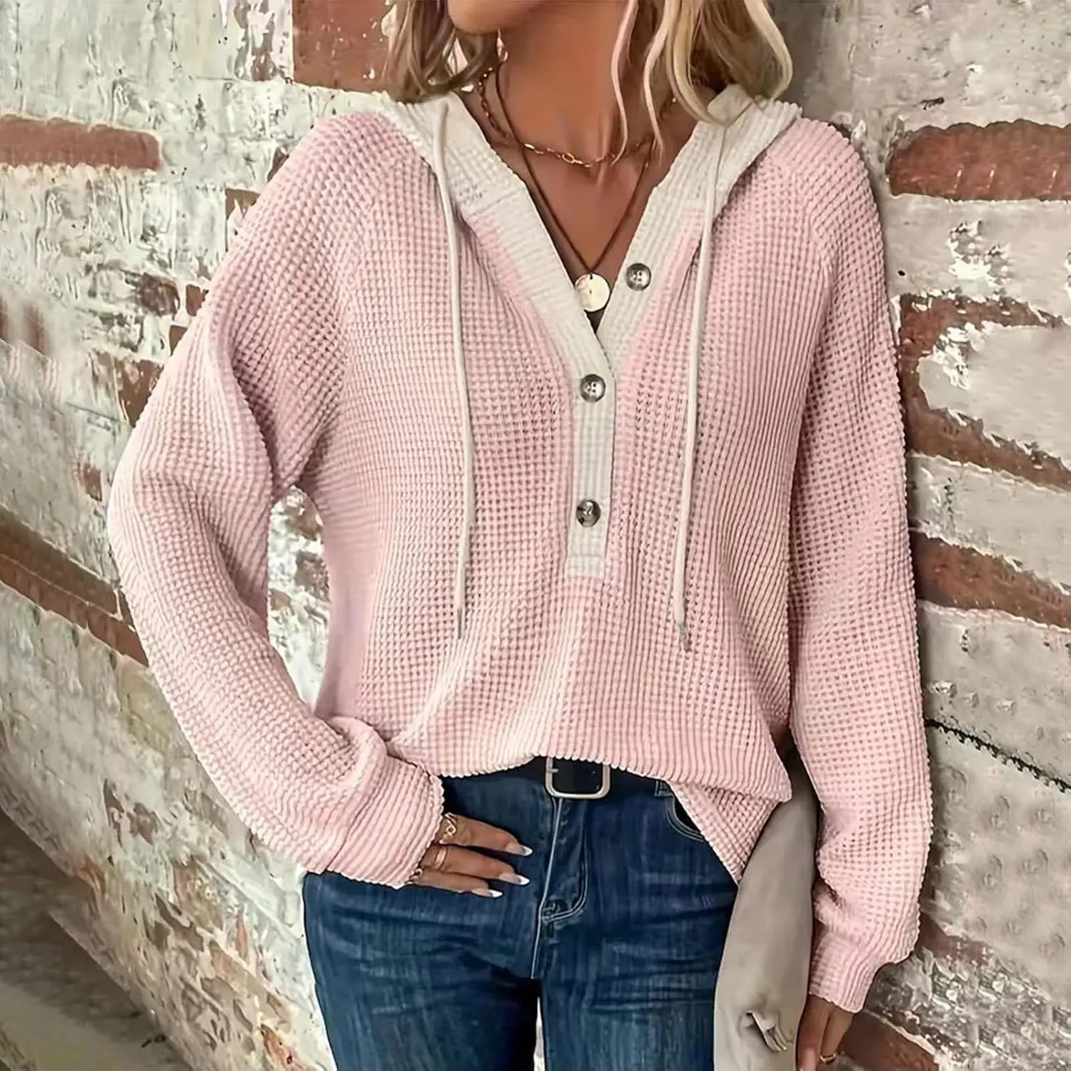 Oversized Hoodies for Women Soft V Neck Waffle Knit Hooded Sweatshirt Lightweight Fall Long Sleeve Pullover Sweaters