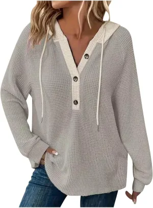 Oversized Hoodies for Women Soft V Neck Waffle Knit Hooded Sweatshirt Lightweight Fall Long Sleeve Pullover Sweaters