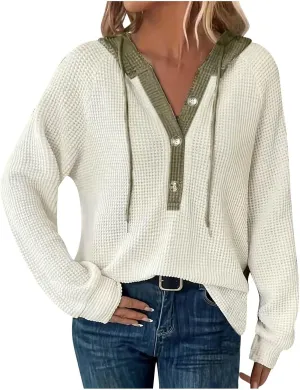 Oversized Hoodies for Women Soft V Neck Waffle Knit Hooded Sweatshirt Lightweight Fall Long Sleeve Pullover Sweaters