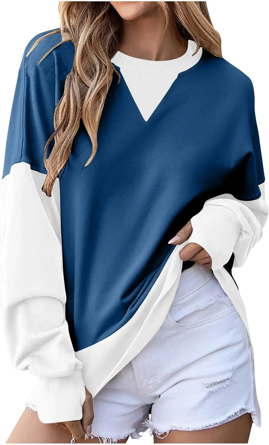 Oversized Sweatshirt for Women Fall Crewneck Splicing Color Tops Long Sleeve Fashion Soft Pullover Sweaters Clothes