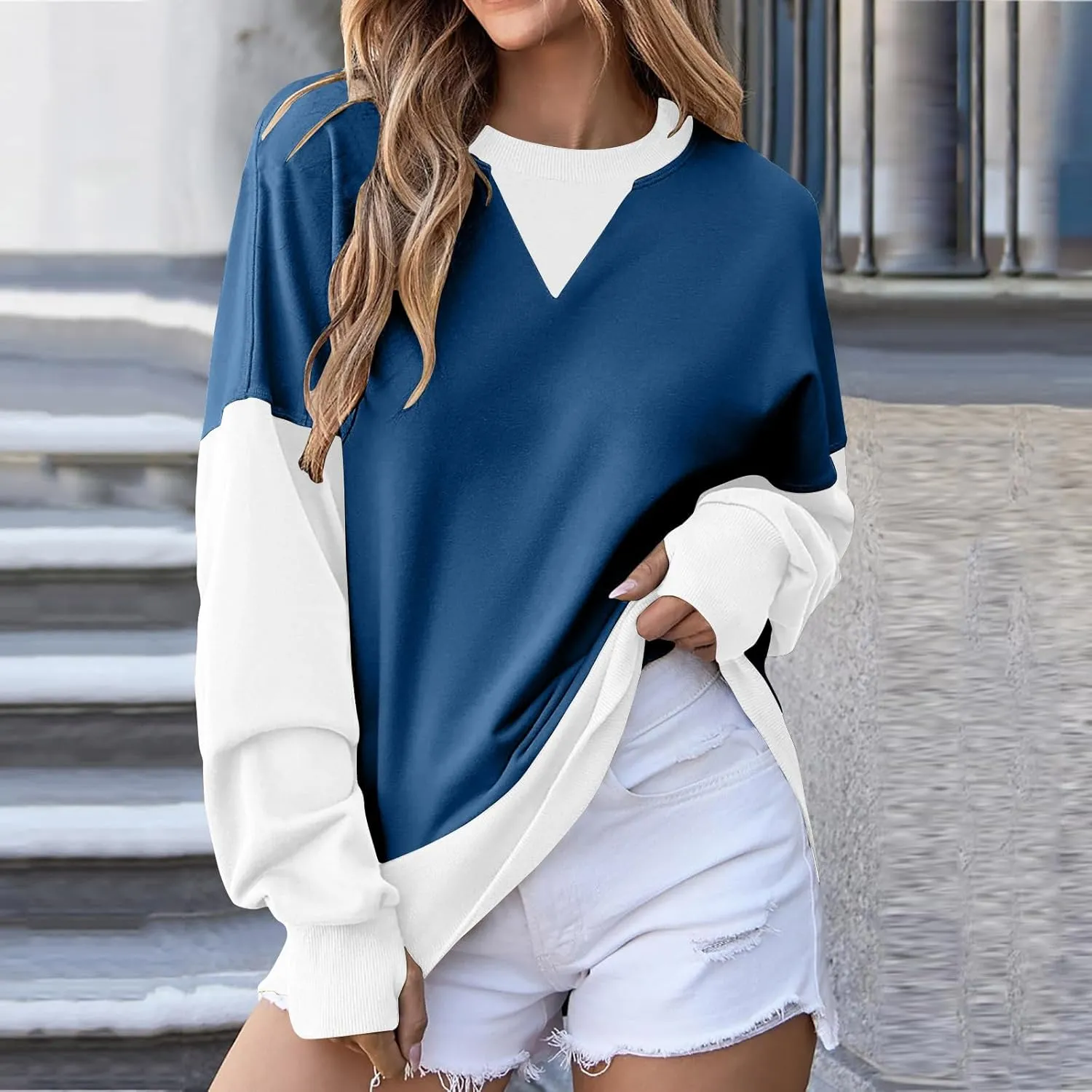Oversized Sweatshirt for Women Fall Crewneck Splicing Color Tops Long Sleeve Fashion Soft Pullover Sweaters Clothes