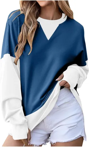 Oversized Sweatshirt for Women Fall Crewneck Splicing Color Tops Long Sleeve Fashion Soft Pullover Sweaters Clothes