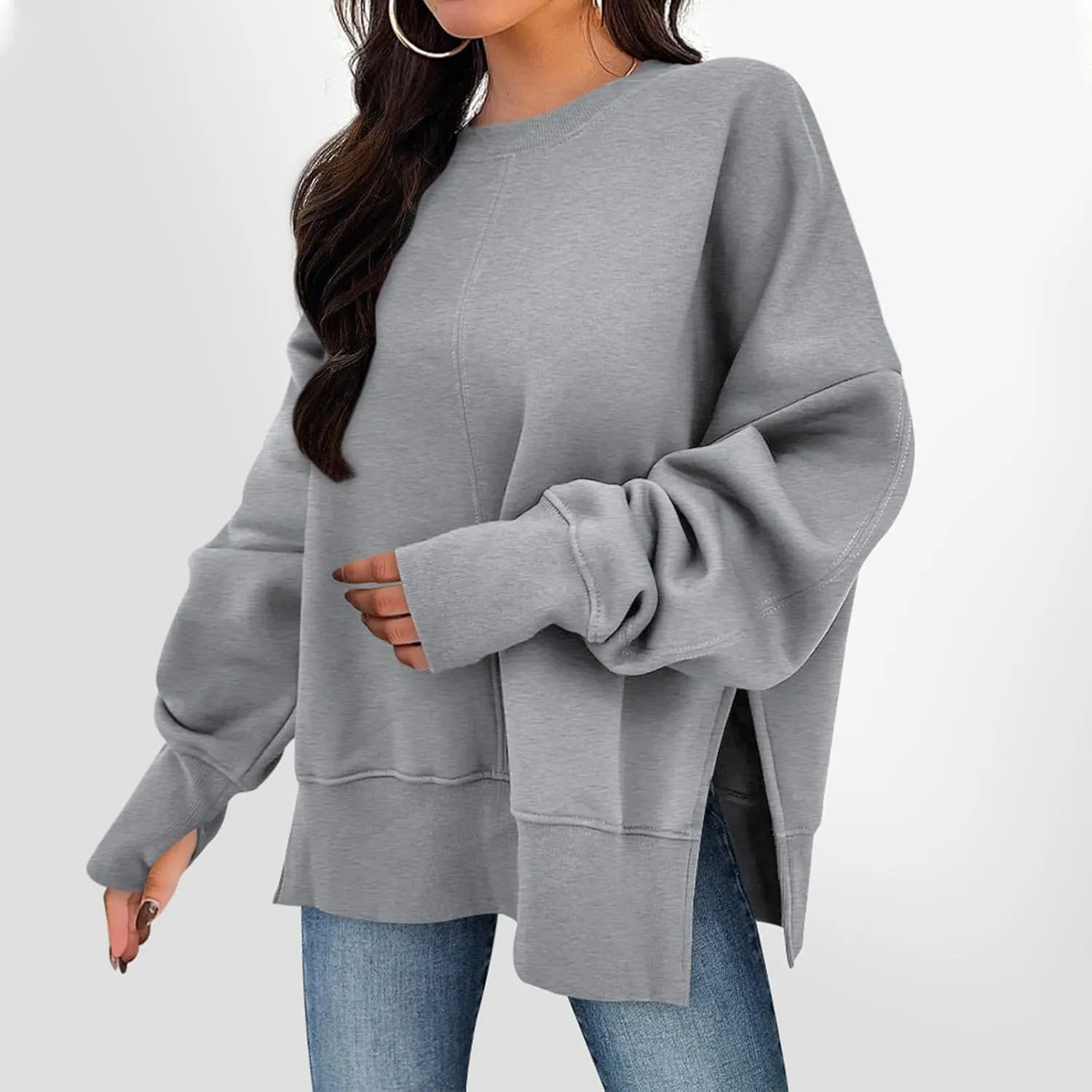 Oversized Sweatshirt for Women Loose Fit Drop Shoulder Split Hem Tops Thumb Hole Trendy Y2K Sweater Pullover
