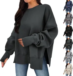 Oversized Sweatshirts Women Casual Loose Fit Crewneck Thumb Hole Sweatshirts High Low Split Hem Trendy Hoodies