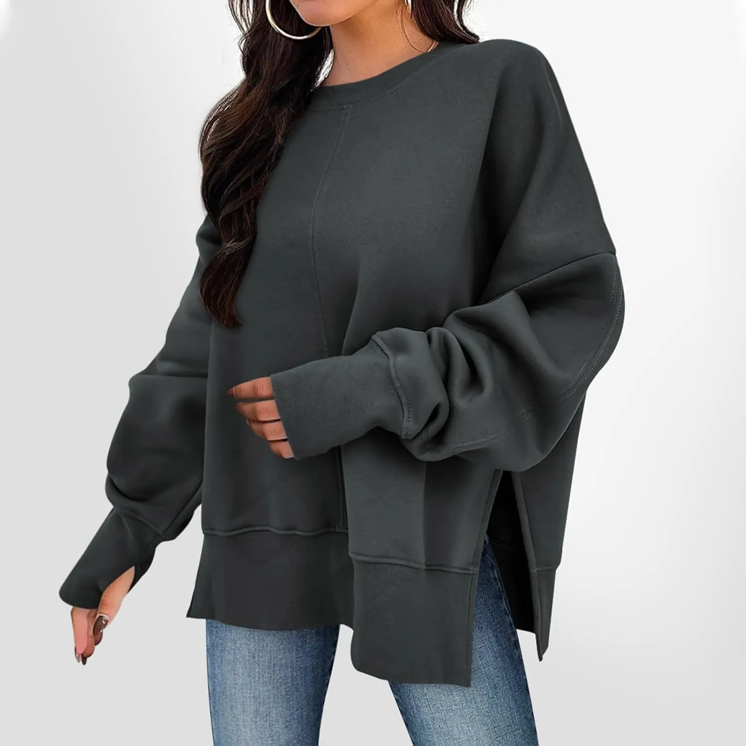Oversized Sweatshirts Women Casual Loose Fit Crewneck Thumb Hole Sweatshirts High Low Split Hem Trendy Hoodies