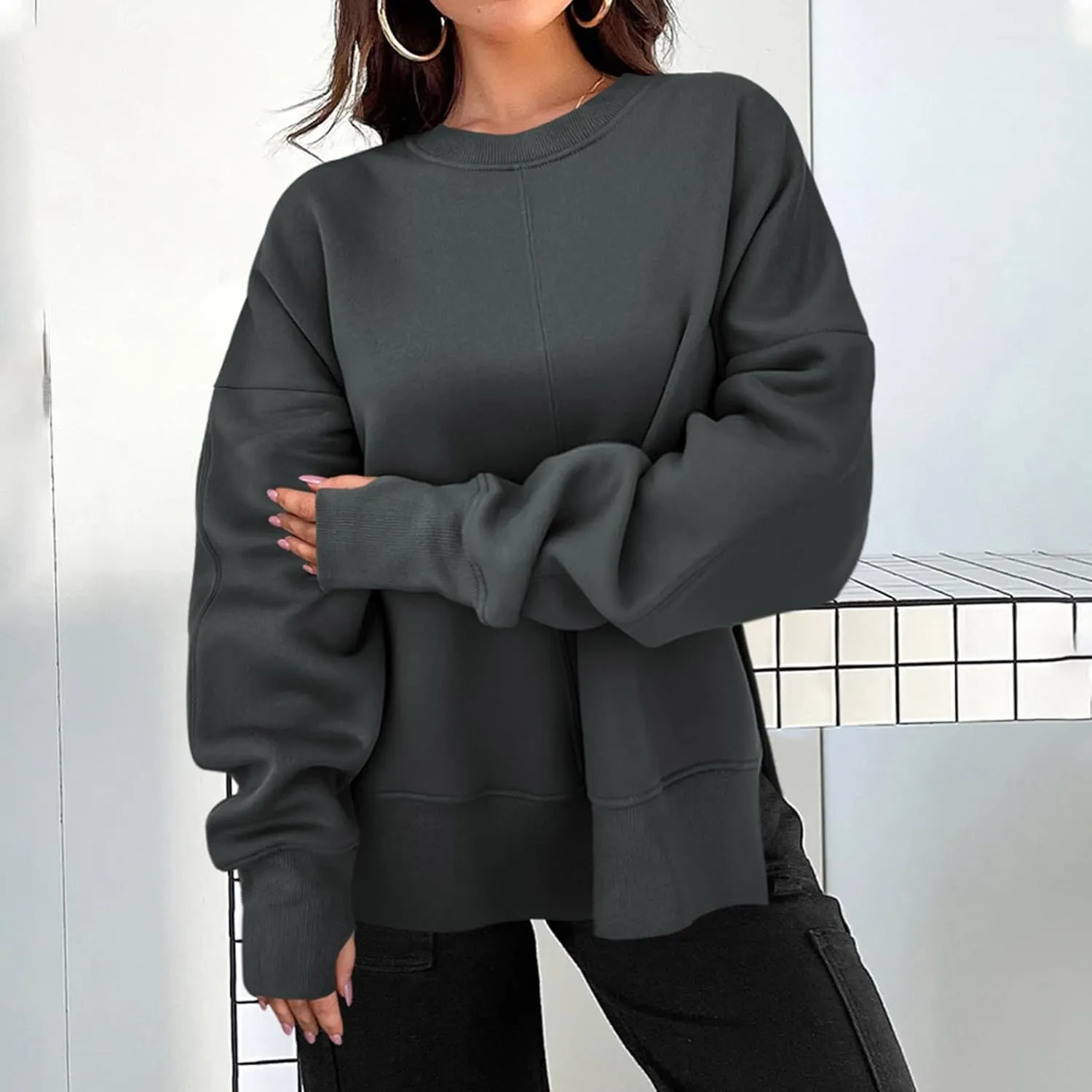 Oversized Sweatshirts Women Casual Loose Fit Crewneck Thumb Hole Sweatshirts High Low Split Hem Trendy Hoodies