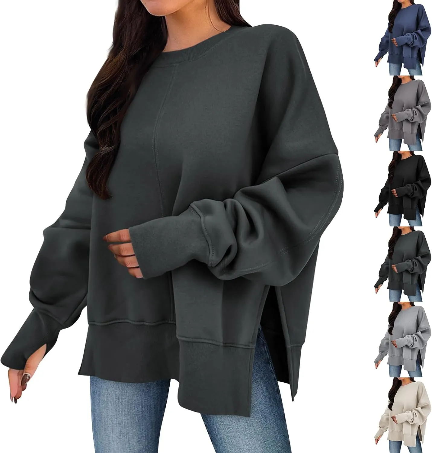 Oversized Sweatshirts Women Casual Loose Fit Crewneck Thumb Hole Sweatshirts High Low Split Hem Trendy Hoodies