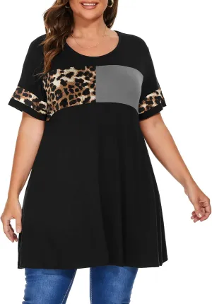 OVERWORETY Plus Size Tunics for Women Short Sleeve Animal Print Color Block Swing Tee Tops Shirts