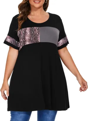 OVERWORETY Plus Size Tunics for Women Short Sleeve Animal Print Color Block Swing Tee Tops Shirts