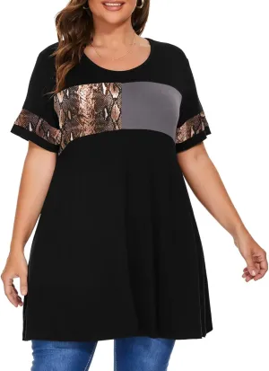 OVERWORETY Plus Size Tunics for Women Short Sleeve Animal Print Color Block Swing Tee Tops Shirts