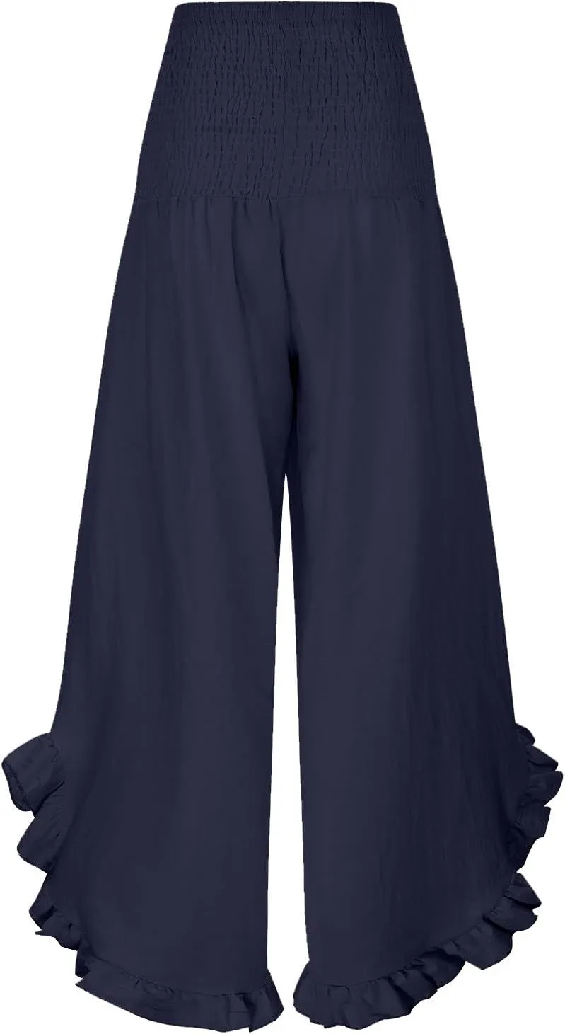 Palazzo Pants for Women Summer Smocked High Waisted Wide Leg Ruffle Hem Trousers Boho Flowy Beach Vacation Clothes