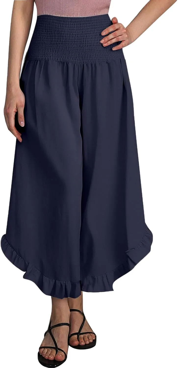 Palazzo Pants for Women Summer Smocked High Waisted Wide Leg Ruffle Hem Trousers Boho Flowy Beach Vacation Clothes