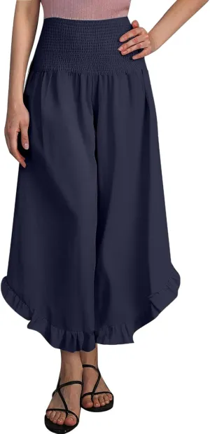 Palazzo Pants for Women Summer Smocked High Waisted Wide Leg Ruffle Hem Trousers Boho Flowy Beach Vacation Clothes