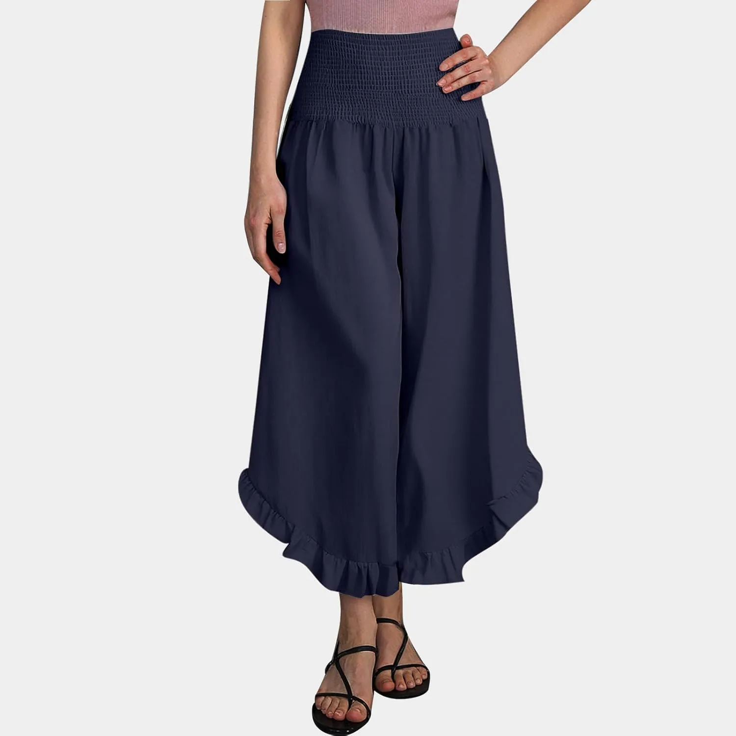 Palazzo Pants for Women Summer Smocked High Waisted Wide Leg Ruffle Hem Trousers Boho Flowy Beach Vacation Clothes