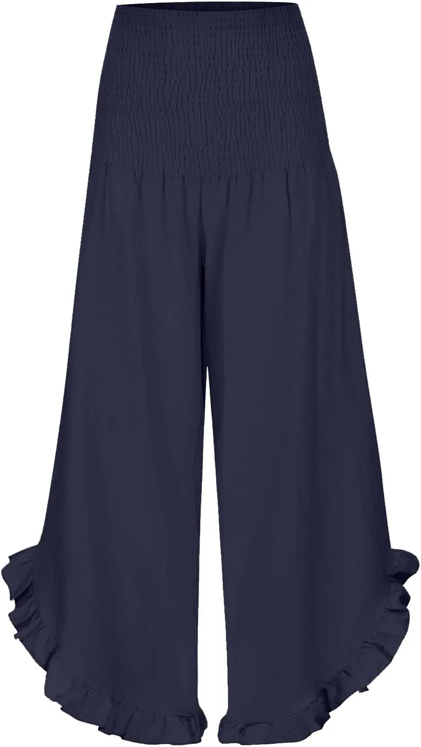 Palazzo Pants for Women Summer Smocked High Waisted Wide Leg Ruffle Hem Trousers Boho Flowy Beach Vacation Clothes