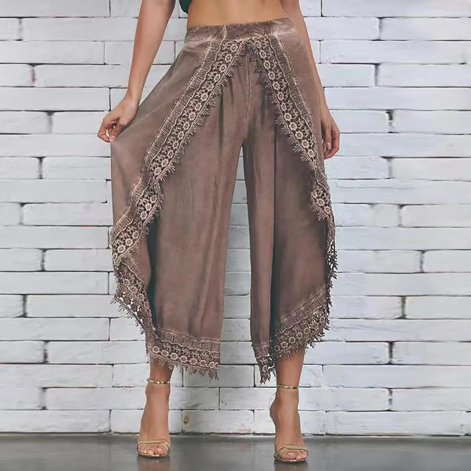 Palazzo Pants Women High Waist Wide Leg Boho Harem Yoga Pants Summer Irregular Lace Hippie Culottes Cropped Trousers