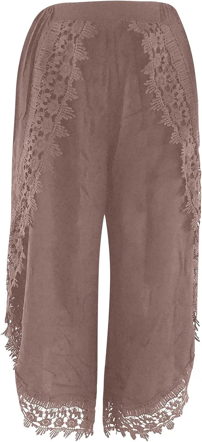 Palazzo Pants Women High Waist Wide Leg Boho Harem Yoga Pants Summer Irregular Lace Hippie Culottes Cropped Trousers
