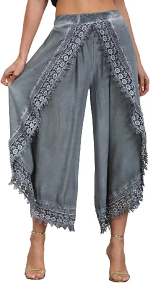 Palazzo Pants Women High Waist Wide Leg Boho Harem Yoga Pants Summer Irregular Lace Hippie Culottes Cropped Trousers