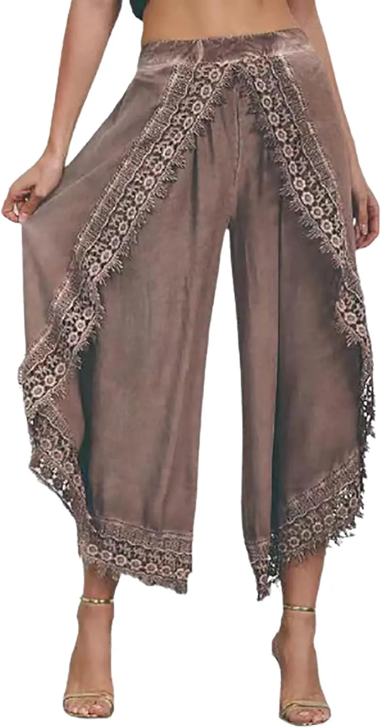 Palazzo Pants Women High Waist Wide Leg Boho Harem Yoga Pants Summer Irregular Lace Hippie Culottes Cropped Trousers