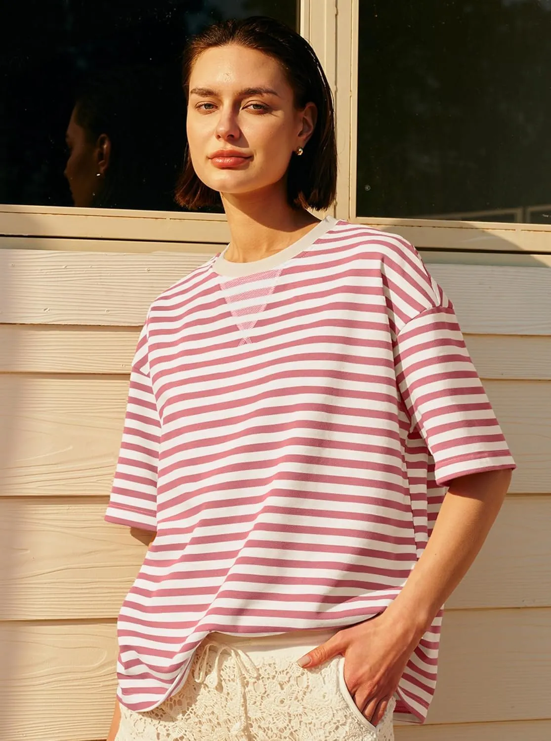 Panadila Womens Striped Short Sleeve Tunic Tops Oversized Crewneck T Shirt Casual Loose Fit Color Block Sweatshirt