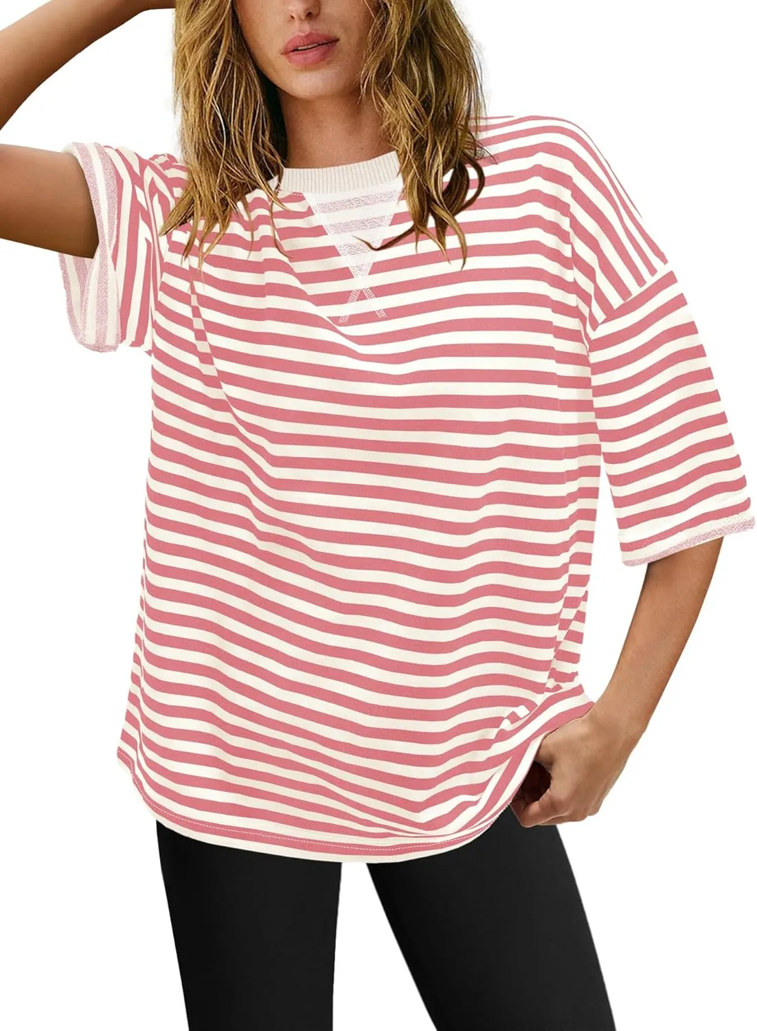 Panadila Womens Striped Short Sleeve Tunic Tops Oversized Crewneck T Shirt Casual Loose Fit Color Block Sweatshirt