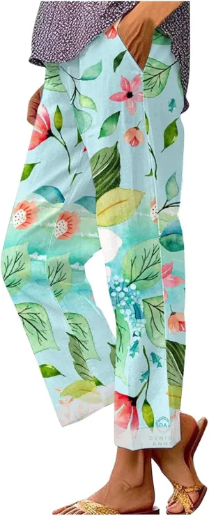 Pants for Women Casual Summer Drawstring Lightweight Elastic High Waist Linen Pants Straight Wide Leg Capris