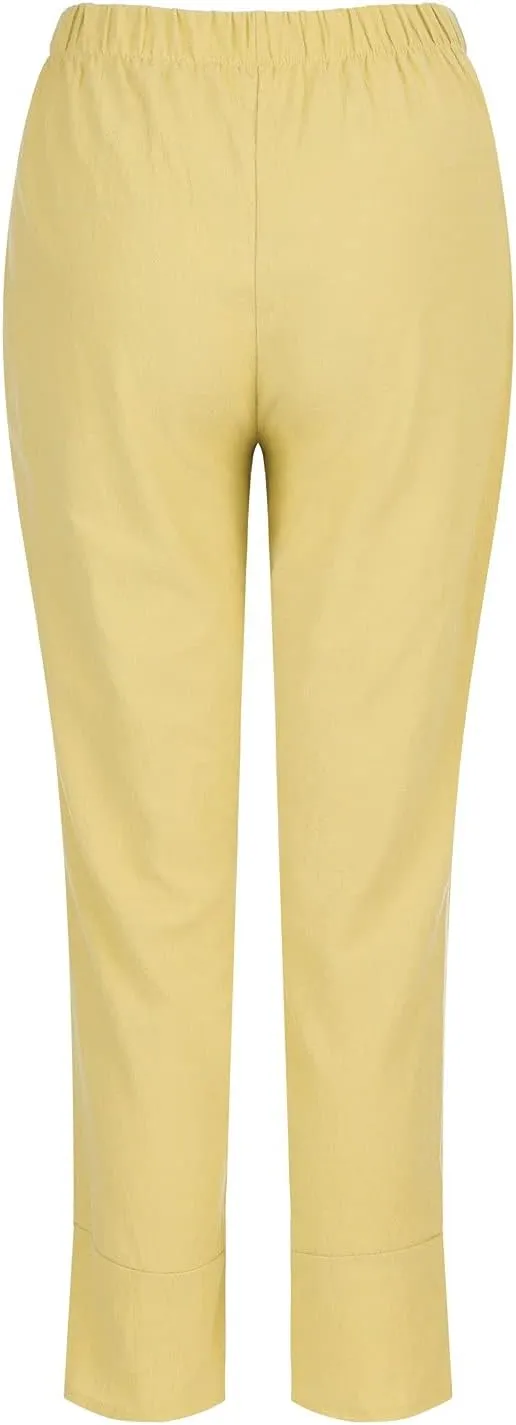 Petite Linen Pants for Women Casual Loose Elastic High Waisted Straight Long Trousers Summer Beach Travel Vacation