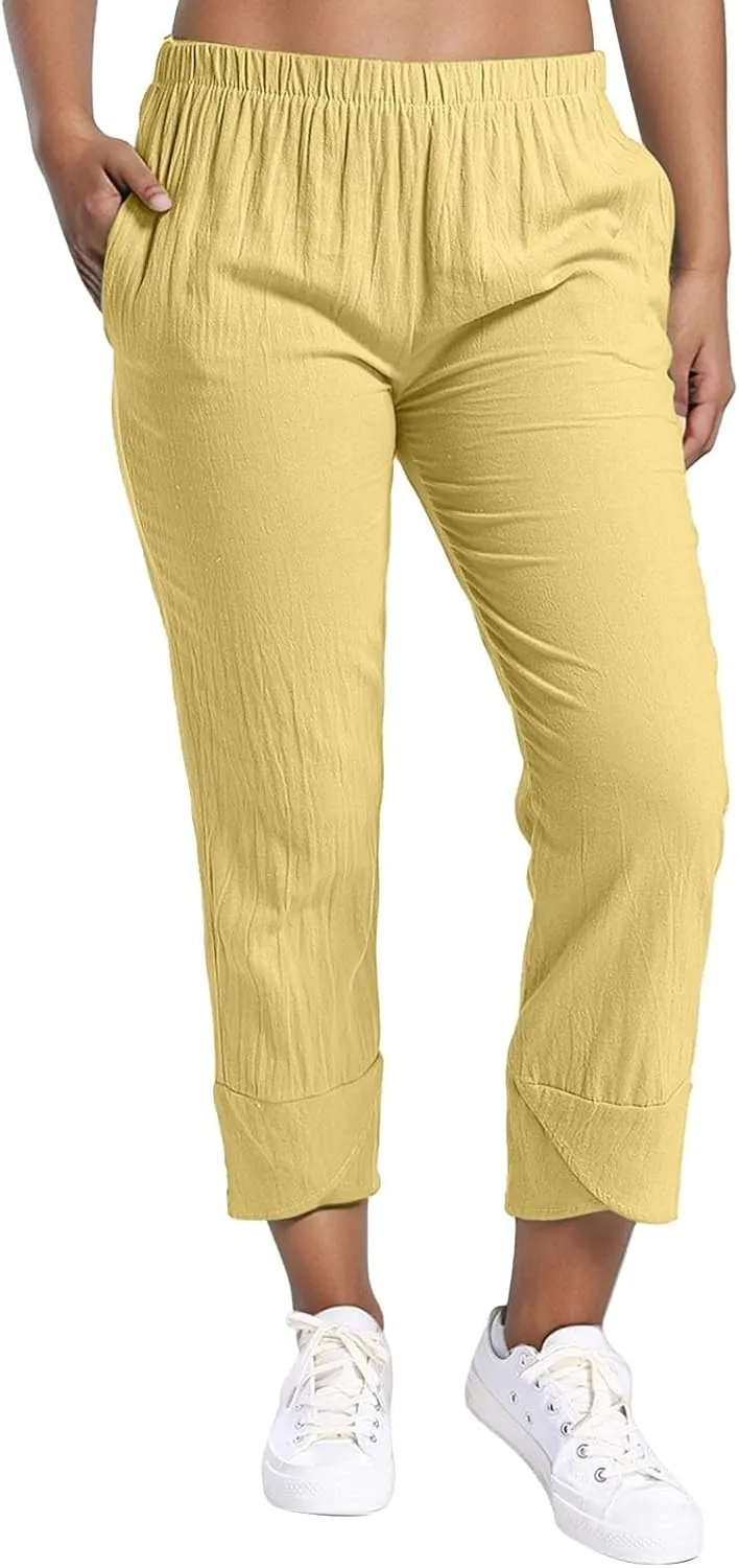 Petite Linen Pants for Women Casual Loose Elastic High Waisted Straight Long Trousers Summer Beach Travel Vacation