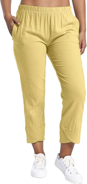 Petite Linen Pants for Women Casual Loose Elastic High Waisted Straight Long Trousers Summer Beach Travel Vacation