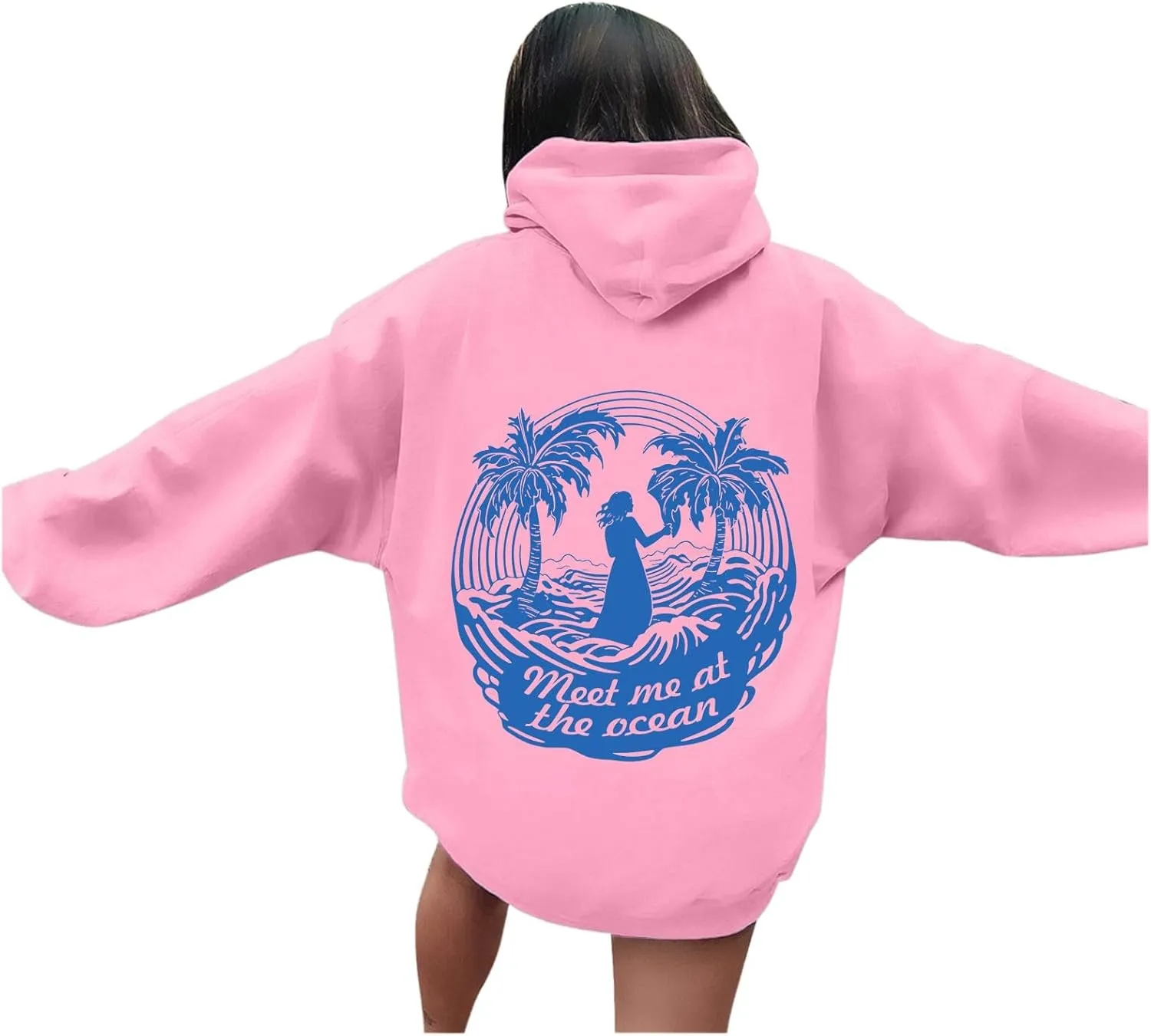 Pink Pom Puff Oversized Hoodies for Women, Teen Girls Preppy Sweatshirt Long Sleeve Y2K Graphic Tees with Pockets
