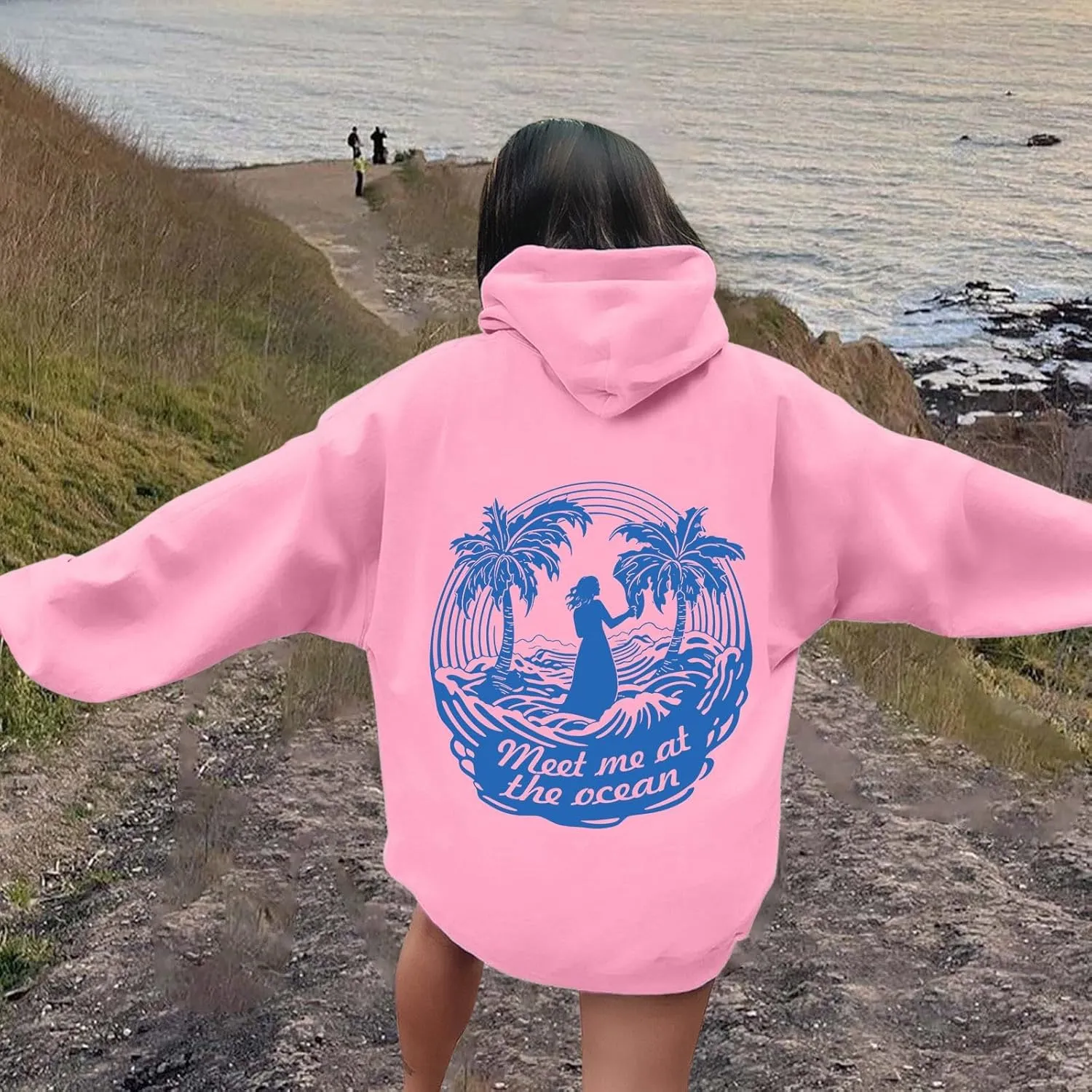 Pink Pom Puff Oversized Hoodies for Women, Teen Girls Preppy Sweatshirt Long Sleeve Y2K Graphic Tees with Pockets