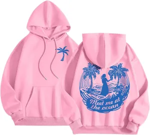 Pink Pom Puff Oversized Hoodies for Women, Teen Girls Preppy Sweatshirt Long Sleeve Y2K Graphic Tees with Pockets