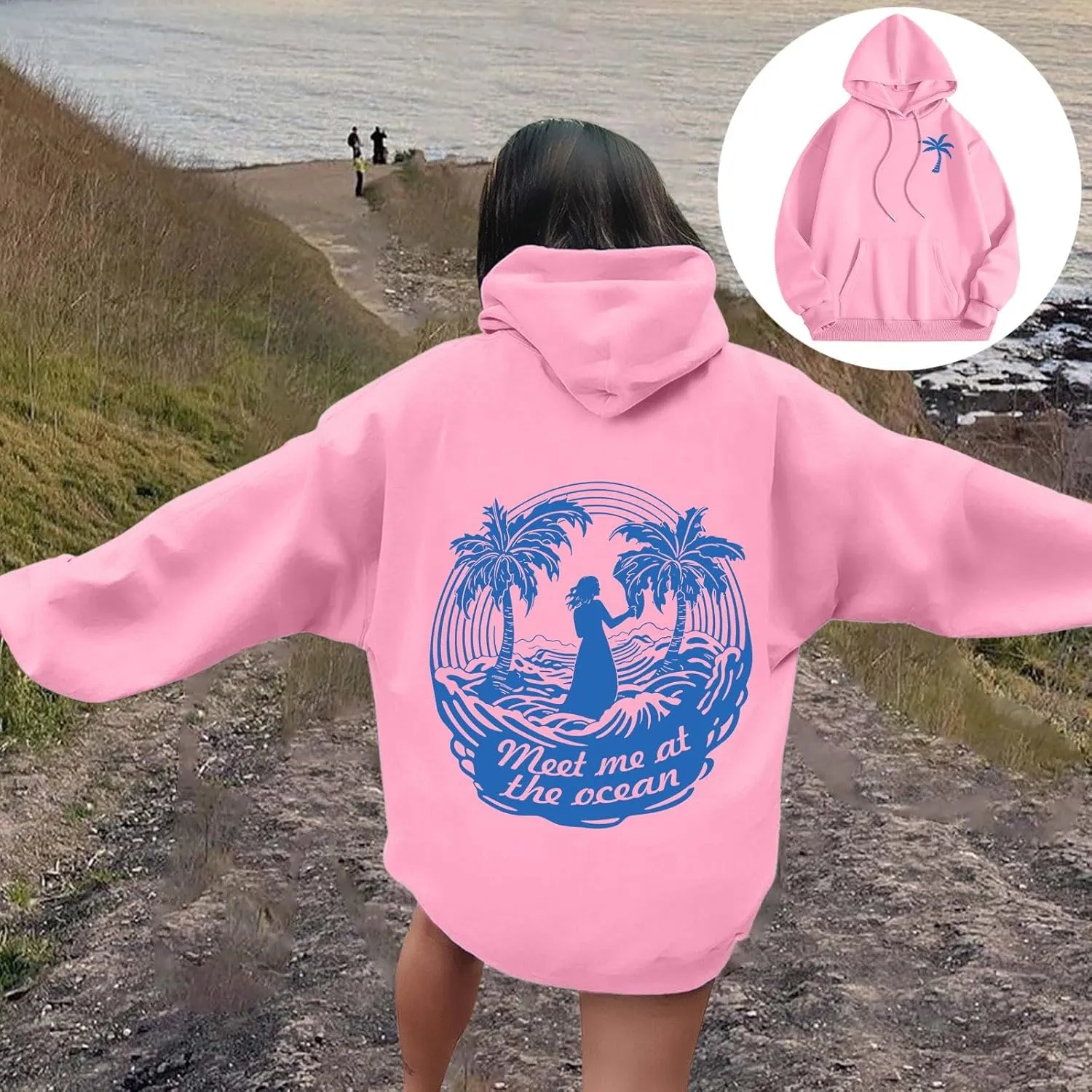 Pink Pom Puff Oversized Hoodies for Women, Teen Girls Preppy Sweatshirt Long Sleeve Y2K Graphic Tees with Pockets