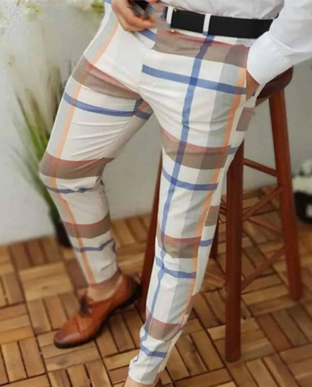 Plaid Dress Pants for Mens Slim Fit Dress Pants Business Casual Fashion Flat Front Skinny Golf Chinos Trousers