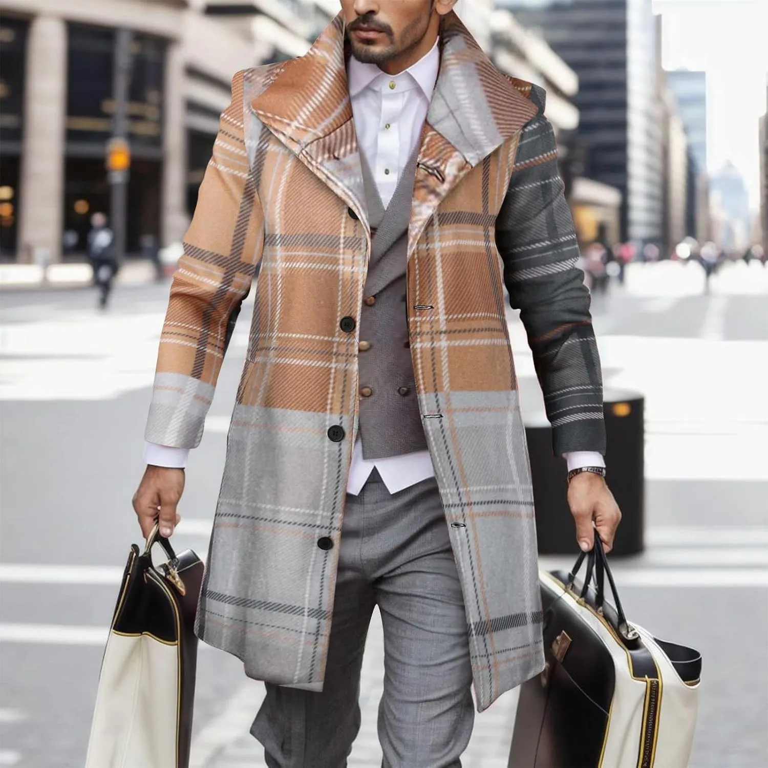 Plaid Trench Coat for Mens Lapel Single Breasted Slim Jacket Overcoat Vintage Graphic Wool Blend Formal Pea Coats