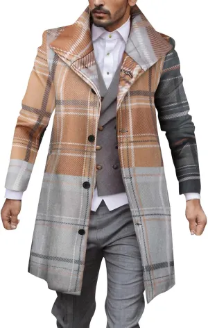 Plaid Trench Coat for Mens Lapel Single Breasted Slim Jacket Overcoat Vintage Graphic Wool Blend Formal Pea Coats