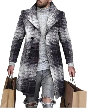 Plaid Trench Coat for Mens Lapel Single Breasted Slim Jacket Overcoat Vintage Graphic Wool Blend Formal Pea Coats