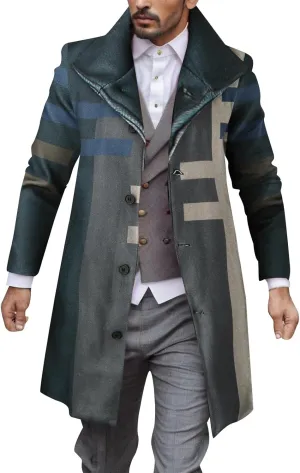 Plaid Trench Coat for Mens Lapel Single Breasted Slim Jacket Overcoat Vintage Graphic Wool Blend Formal Pea Coats