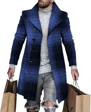 Plaid Trench Coat for Mens Lapel Single Breasted Slim Jacket Overcoat Vintage Graphic Wool Blend Formal Pea Coats