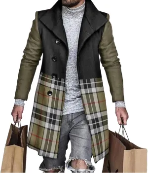 Plaid Trench Coat for Mens Lapel Single Breasted Slim Jacket Overcoat Vintage Graphic Wool Blend Formal Pea Coats