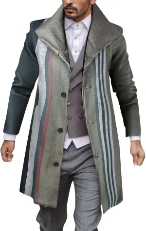 Plaid Trench Coat for Mens Lapel Single Breasted Slim Jacket Overcoat Vintage Graphic Wool Blend Formal Pea Coats