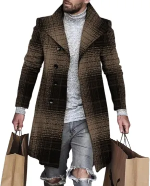 Plaid Trench Coat for Mens Lapel Single Breasted Slim Jacket Overcoat Vintage Graphic Wool Blend Formal Pea Coats