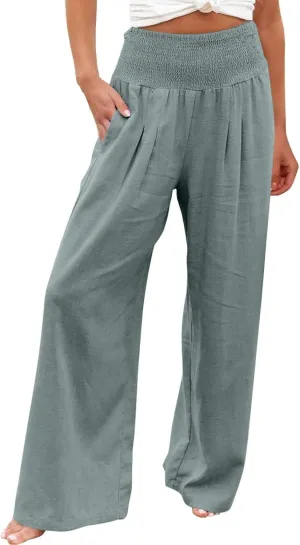 Plus Size Cotton Linen Pants for Women Casual Elastic High Waist Wide Leg Pants 2025 Summer Fashion Trousers with Pockets