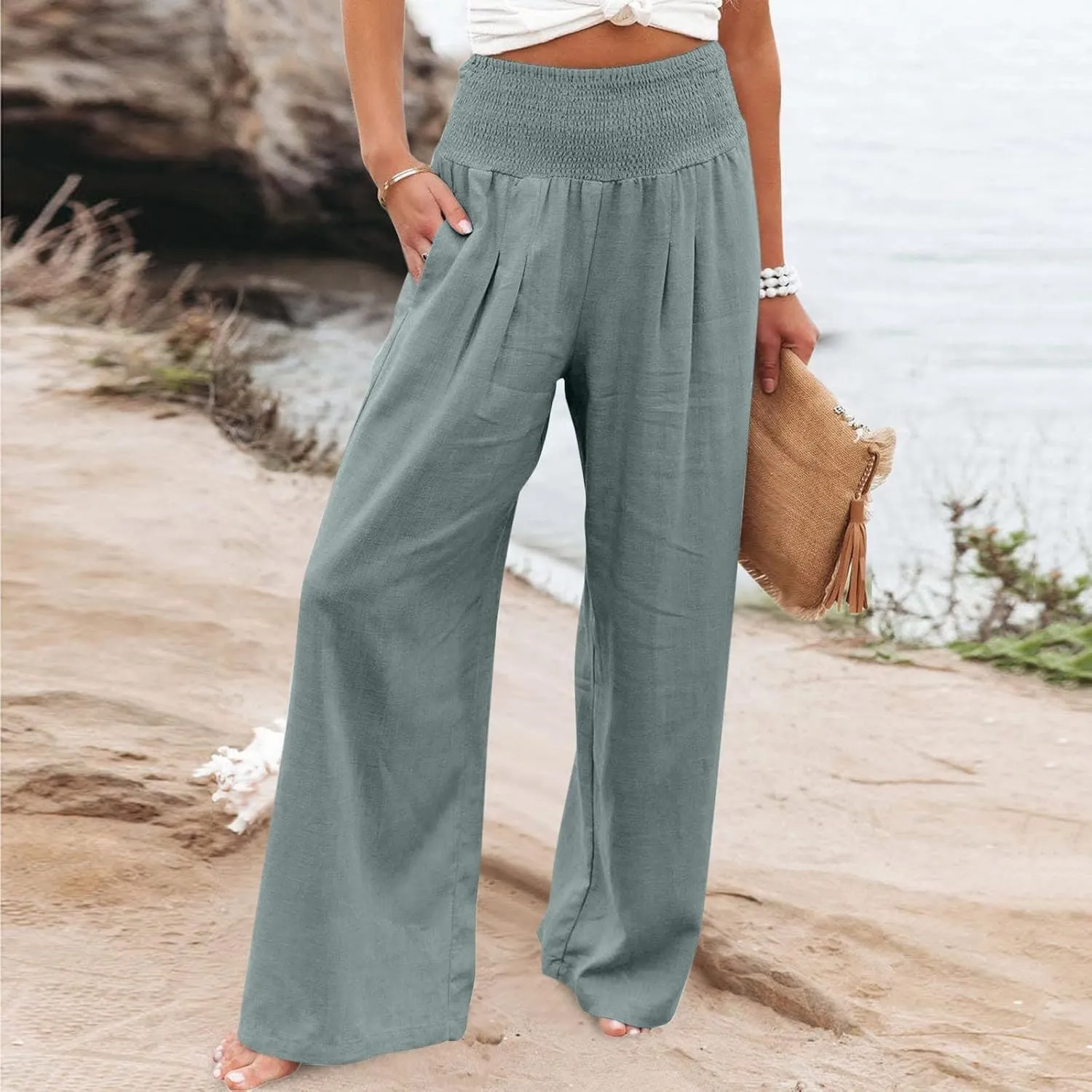 Plus Size Cotton Linen Pants for Women Casual Elastic High Waist Wide Leg Pants 2025 Summer Fashion Trousers with Pockets