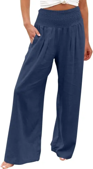 Plus Size Cotton Linen Pants for Women Casual Elastic High Waist Wide Leg Pants 2025 Summer Fashion Trousers with Pockets