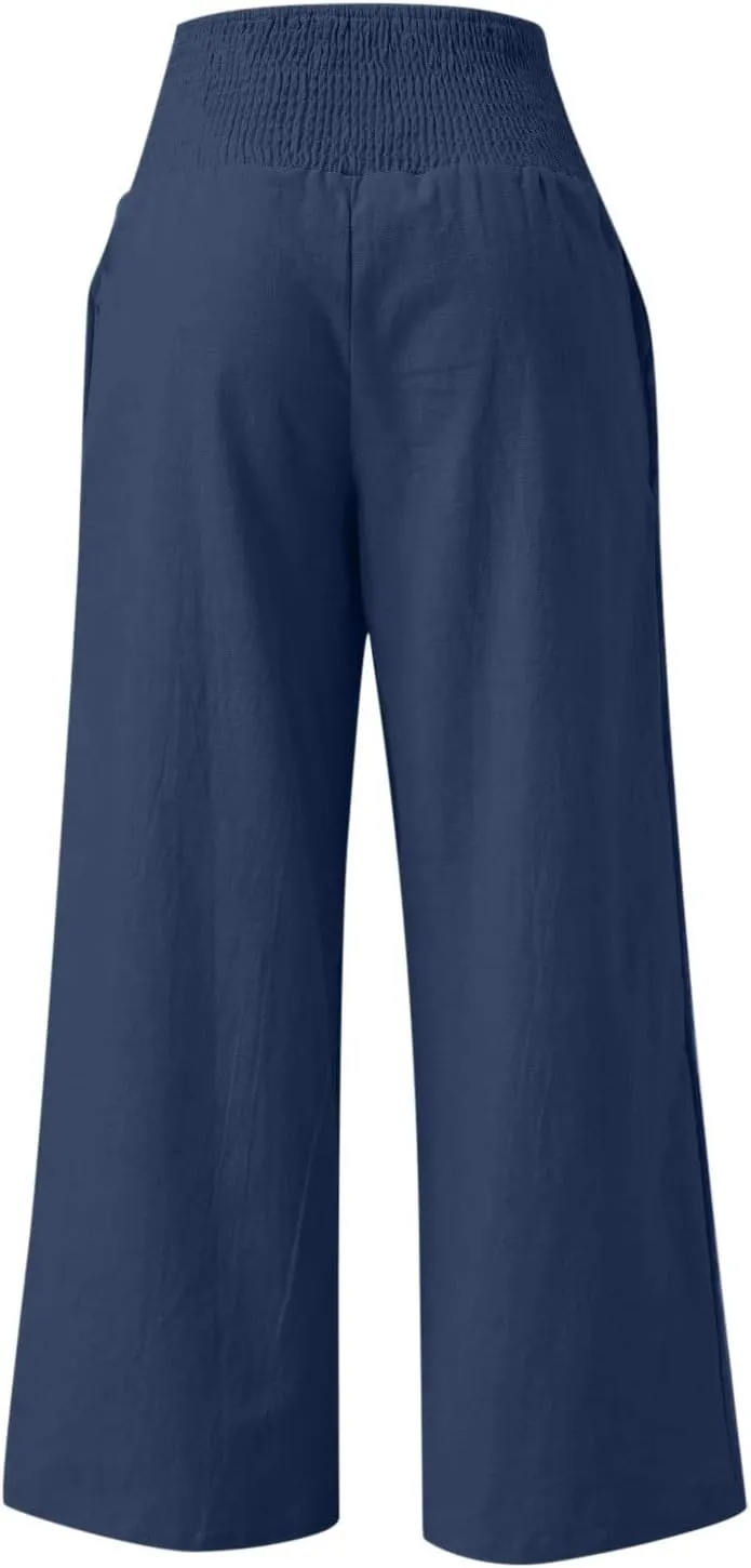 Plus Size Cotton Linen Pants for Women Casual Elastic High Waist Wide Leg Pants 2025 Summer Fashion Trousers with Pockets