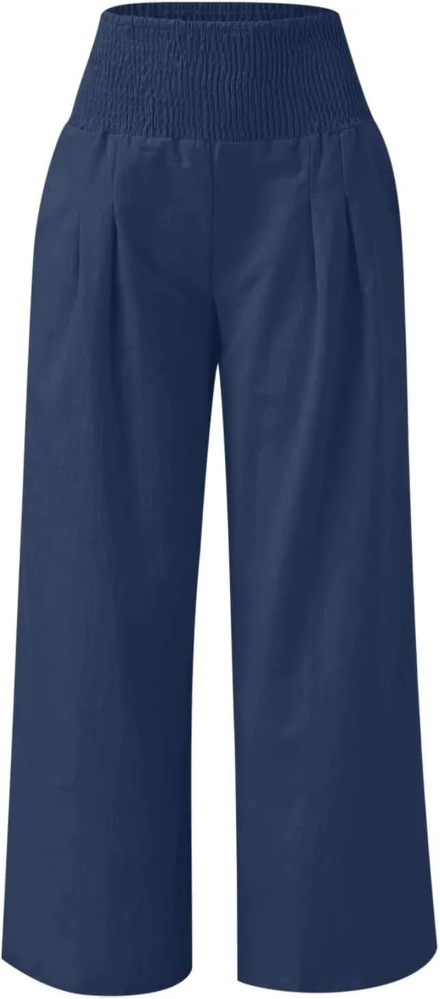 Plus Size Cotton Linen Pants for Women Casual Elastic High Waist Wide Leg Pants 2025 Summer Fashion Trousers with Pockets